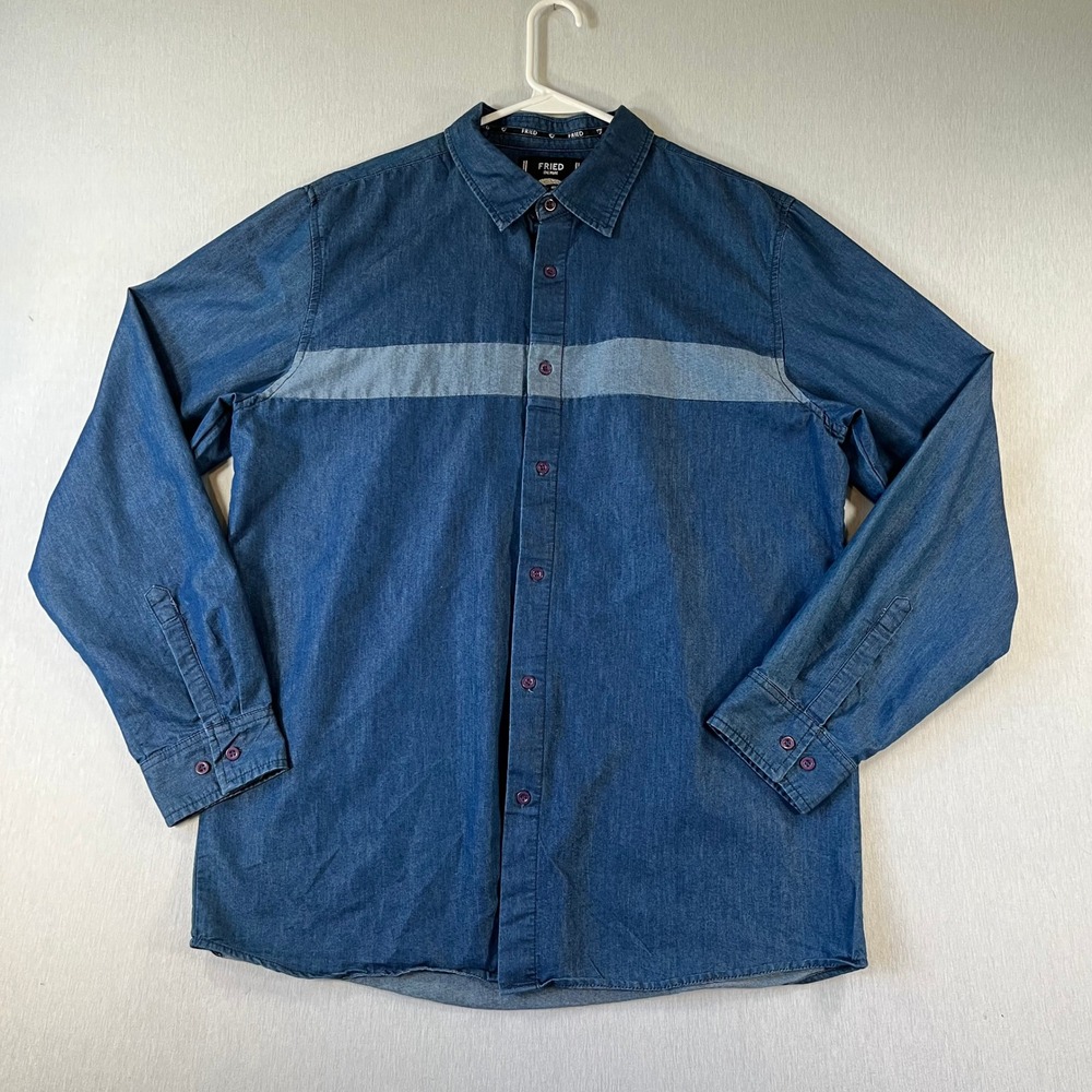 Fried Denim Mens Large Blue Long Sleeve Button Down Shirt Contrast Stripe
